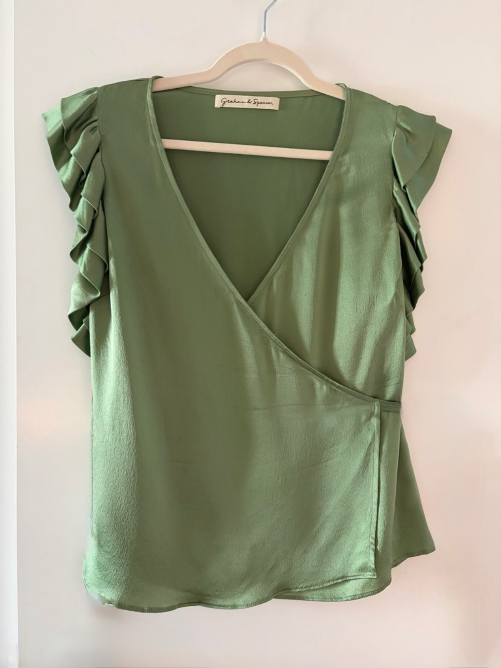 Vintage Green Ruffle-Sleeve Wrap Top by Graham & Spencer